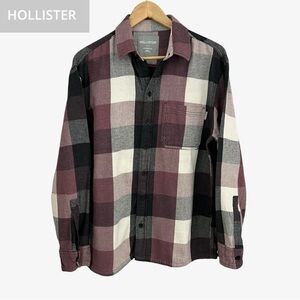 HOLLISTER - MENS RELAX FIT FLANNEL BUTTON-THROUGH SHIRT IN BLACK PURPLE CREAM SM